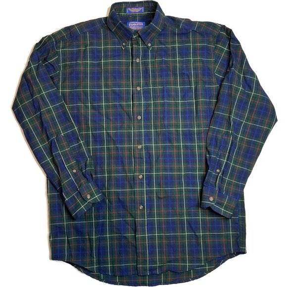 Sir Pendleton Men Medium Green Blue Hunting Tartan Plaid Wool Button Down Shirt - Picture 1 of 11